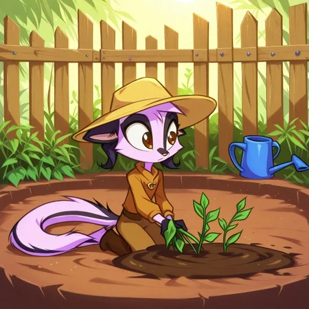 Dreamkeepers,1girl,Prelude_Vi,solo,furry,tail,source_furry,hazel eyes,
child, kid,
shovel, soil, seedlings, watering_can, garden_bed, boots, hat, fence, sunlight, hoe, A backyard garden with fresh-tilled soil, someone kneeling to plant seedlings into neat rows. A watering can tips gently over the dirt, boots are caked with mud, and a hat shields them from the sun as a wooden fence frames the scene