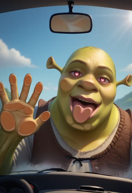 score_9, score_8_up, score_7_up, BREAK, <lora:povagainstcar-guy-PONYv1:1>, povagainstcar, against glass, 1boy, <lora:Shrek_XLPD:0.9> shrek, green skin, looking at viewer, tongue, head tilt, heart-shaped pupils,