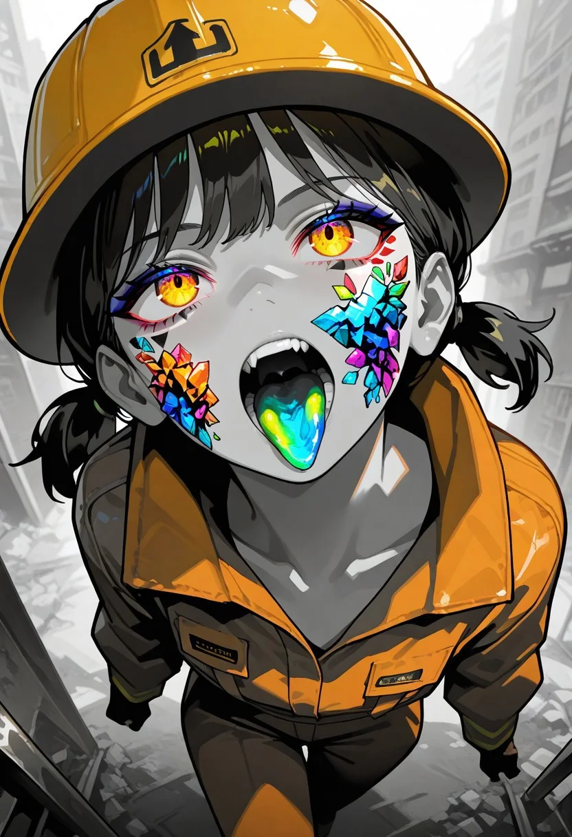 very awa, absurdres, highres, volumetric lighting, foreshortening, stylized, newest, masterpiece, year 2024, year 2023,
1girl, construction worker, jumpsuit, hardhat, solo, tattoo, facial tattoo, spot color, monochrome, twintails, crystallized tongue,
inquisitive, breathtaking, vibrant, close shot, foreshortening, light particles, outdoors, from above, looking up, ultra-detailed textures