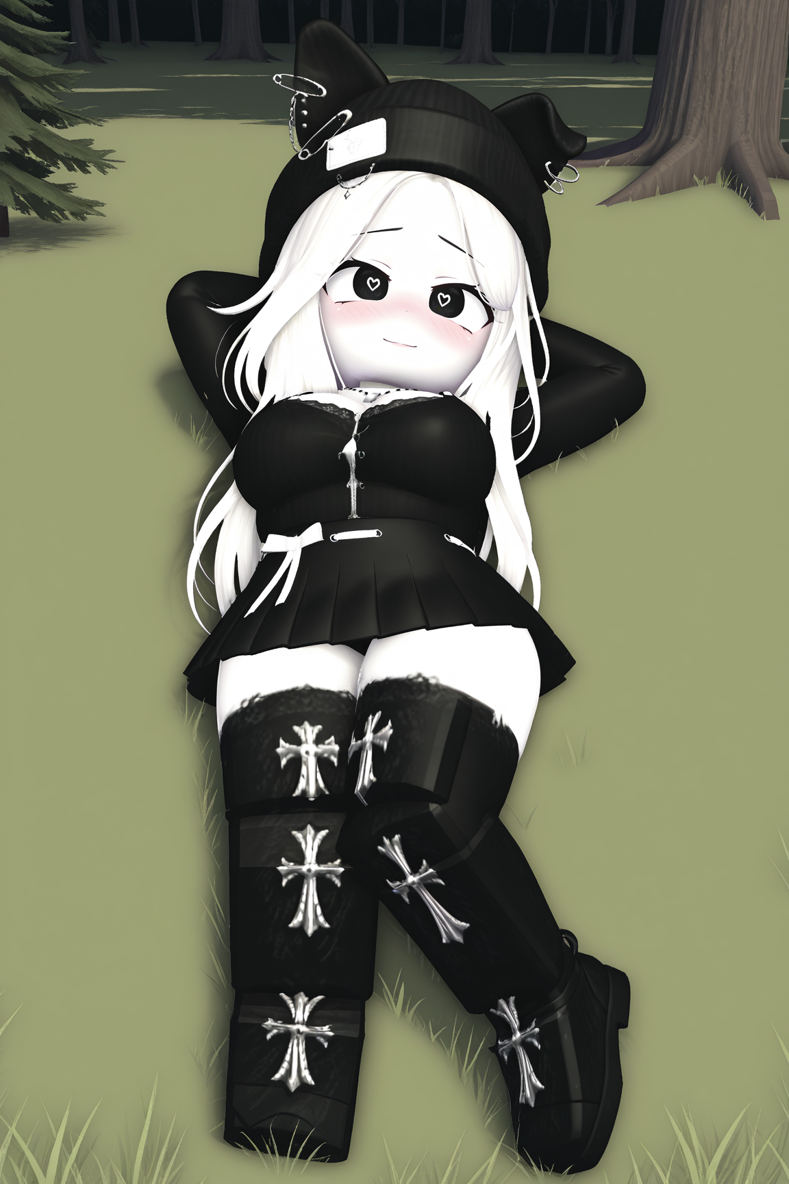 masterpiece,best quality,amazing quality, BREAK, TheBrayanVTOCILXL, white skin, colored skin, black eyes, heart-shaped pupils, white hair, long hair, parted bangs, black beanie, animal ears, black ears, ears through headwear, ear piercing, large breasts, necklace, black shirts, long sleeves, white ribbon, black skirt, black thighhighs, black shoes, solo, full body, (lying on grass), on back, arms behind head, seductive smile, looking at viewer, naughty face, nose blush, forest, tree  <lora:TheBrayanVTOCILXL:1>