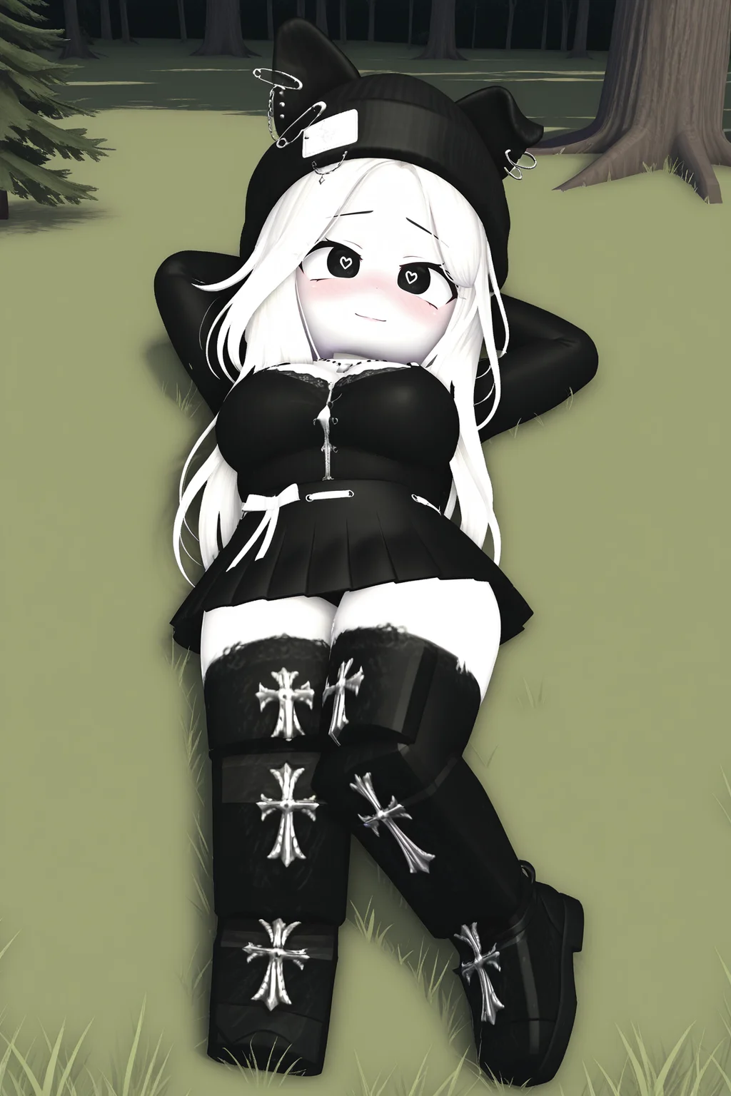 masterpiece,best quality,amazing quality, BREAK, TheBrayanVTOCILXL, white skin, colored skin, black eyes, heart-shaped pupils, white hair, long hair, parted bangs, black beanie, animal ears, black ears, ears through headwear, ear piercing, large breasts, necklace, black shirts, long sleeves, white ribbon, black skirt, black thighhighs, black shoes, solo, full body, (lying on grass), on back, arms behind head, seductive smile, looking at viewer, naughty face, nose blush, forest, tree <lora:TheBrayanVTOCILXL:1>