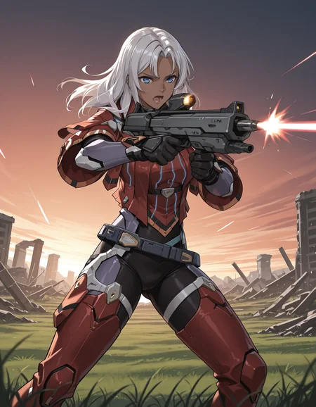 <lora:elma-xb-illustrious-000005:1> elma, gloves, cropped jacket, bodysuit under clothes, red shirt, loose belt, thigh boots
solo, laser rifle, holding weapon, aiming, firing, laser, battlefield, intense, serious, open mouth, field, grass, evening, science fiction, ruins