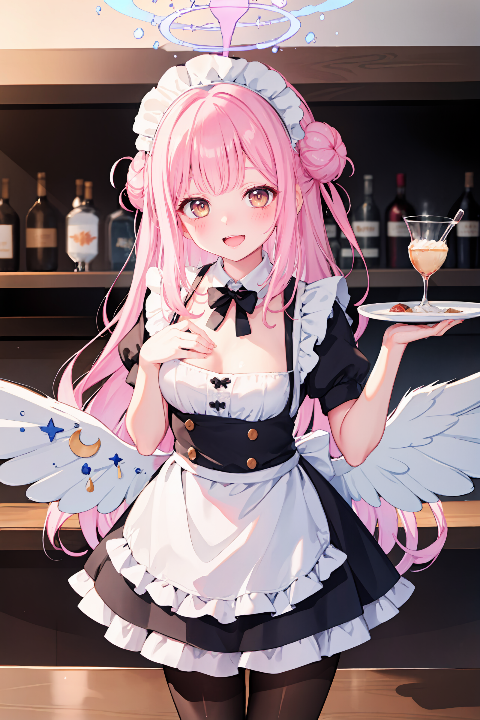 1girl, mika \(blue archive\), solo, halo, low wings, single side bun, maid, maid headdress, maid apron, smile, flat chest, white pantyhose, open mouth, blush, smile, open mouth, holding plate, looking at viewer, cowboy shot, bar \(place\), indoors, depth of field