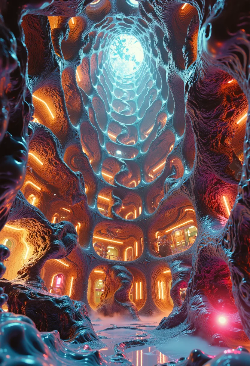 Pinnacle of fractal architecture, Mandelbrot mansion, self-similar structure element, recursive designer persona, mind-bending, visually infinite, labyrinthine, intricate geometric pattern details, kaleidoscopic color scheme, non-Euclidean space lighting, endlessly nesting rooms and hallways
