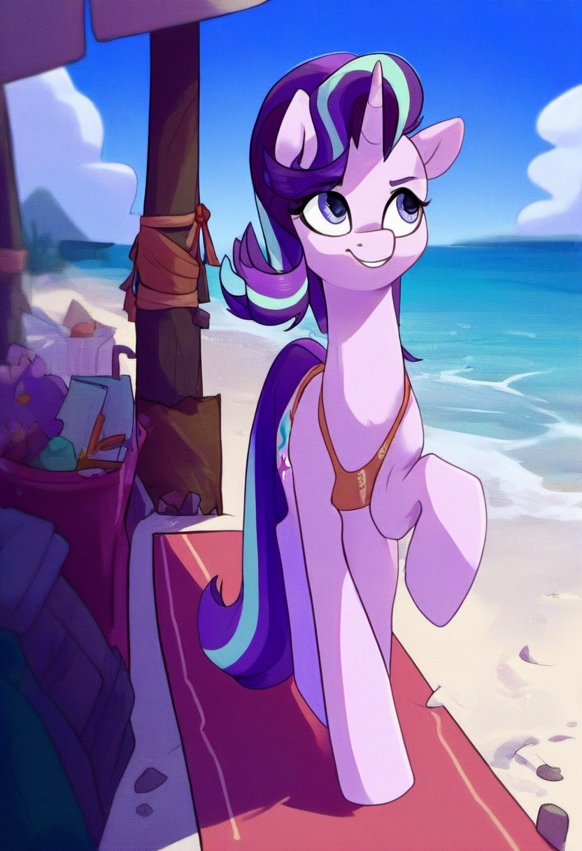 source_cartoon, rating_safe,  <lora:YellowgerbilSDXL_pony:0.8> yellowgerbil, 1girl, solo, Starlight Glimmer, source_pony, walking on the beach, bikini, score_9, score_8_up, score_7_up, score_6_up, score_5_up, score_4_up