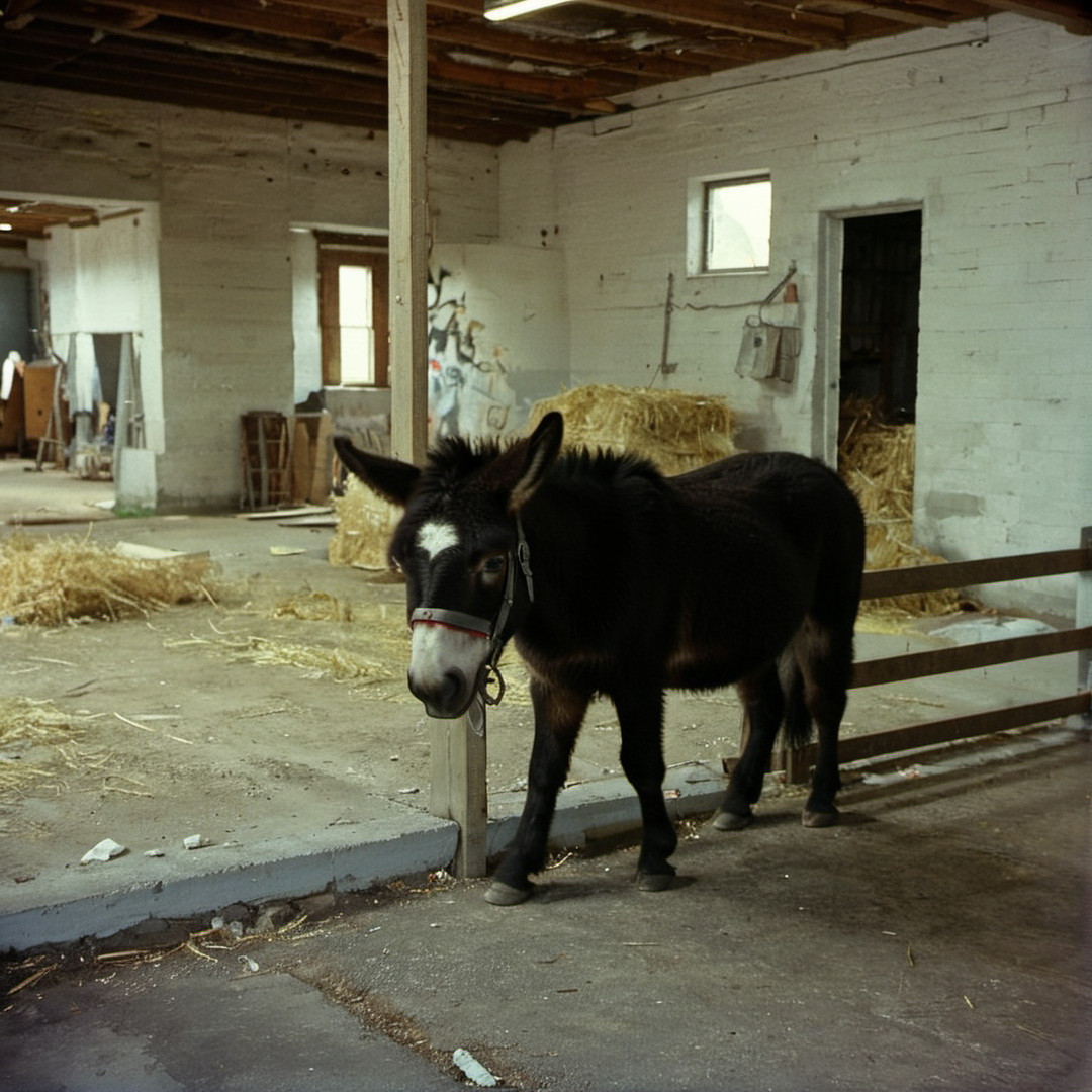 closeup Kodachrome photo of a baby donkey trapped in a room in 1936. <lora:boring-v4:0.8><lora:boring-alpha-v3:0.3> <lora:boring-v4-faces-version:0.3>