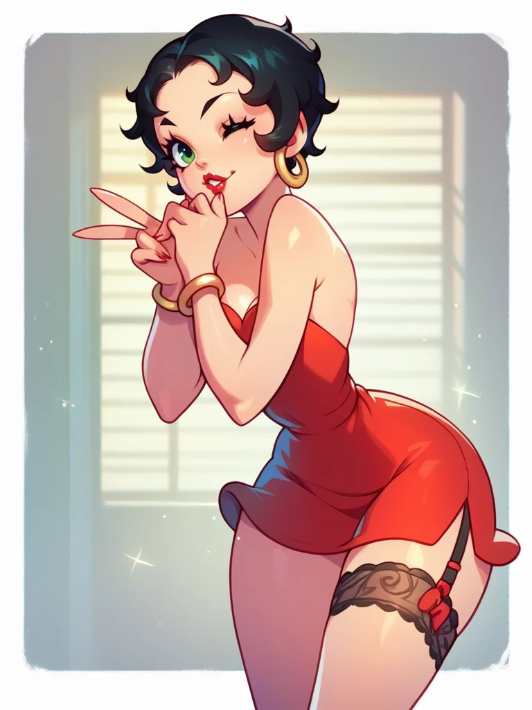 score_9, score_8_up, score_7_up, 1girl, dynamic pose, cowboy shot, light smile, looking at viewer, daylight, sexy pose, sexually suggestive, parted lips, v, leaning forward, cute pose, one eye closed, elegant room, detailed background,
<lora:ABettyBoop_character:0.8>, BettyBoopXLP, black hair, short hair, green eyes, garter, makeup, lipstick, hoop earrings, red dress, bracelet, strapless, narrow waist, wide hips, cartoon,<lora:KajinmanLycoXL:0.7>,