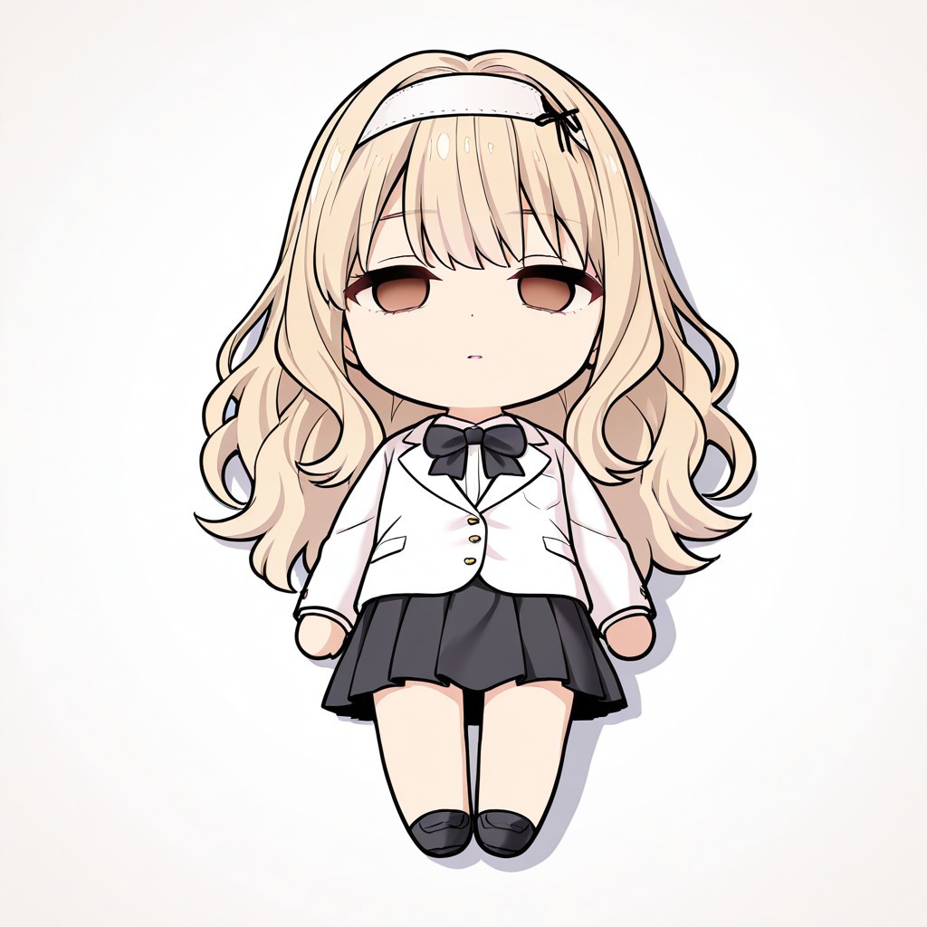 masterpiece, best quality, newest, chibi, full body, lying, on back, empty eyes, solo, 1girl, simple background, white background, KijiHyou, brown eyes, blonde hair, long hair, white hairband, wavy hair, White jacket, white inner shirt, black skirt, pleated skirt, black bowtie