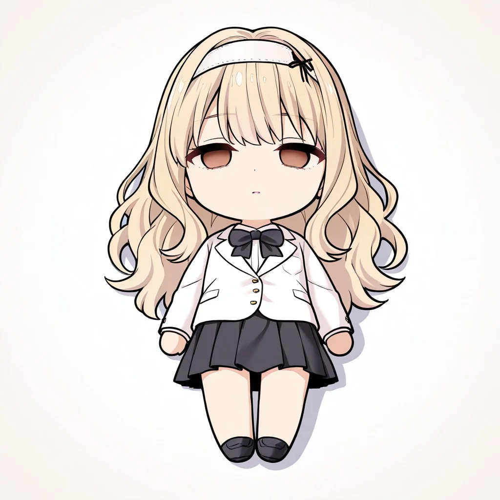 masterpiece, best quality, newest, chibi, full body, lying, on back, empty eyes, solo, 1girl, simple background, white background, KijiHyou, brown eyes, blonde hair, long hair, white hairband, wavy hair, White jacket, white inner shirt, black skirt, pleated skirt, black bowtie