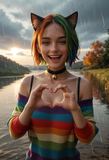 score_9, score_8_up, score_7_up, score_6_up,
1girl, 25 years old, perfect face, looking at viewer, adult, sexy,
freckles, green eyes,
short hair, rainbow hair, cat ears, wet hair,
bell, cute choker,
rainbow sweater, off-shoulder sweater, wet clothes,
standing, excited, laughing, happy, half-closed eyes,
scenery, autumn,
dark clouds, rain, water drop, small beam of sunlight, rainbow,
heart hands,