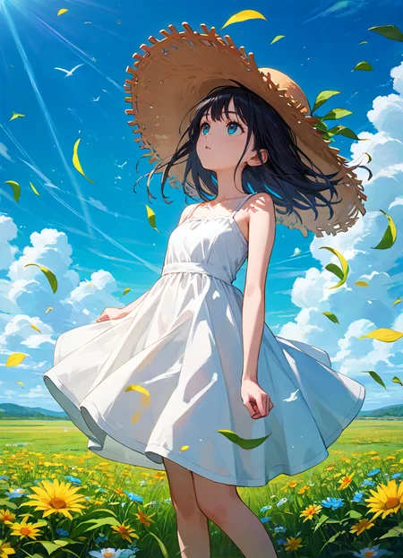 score_9, score_8_up, score_7_up ,source_anime, masterpiece, best quality, perfect anatomy , very aesthetic , official art, BRAKE
1girl ,Girl looking up at sky , contrail , cumulonimbus cloud, blue sky , prairie , blowing wind , straw hat , white sundress