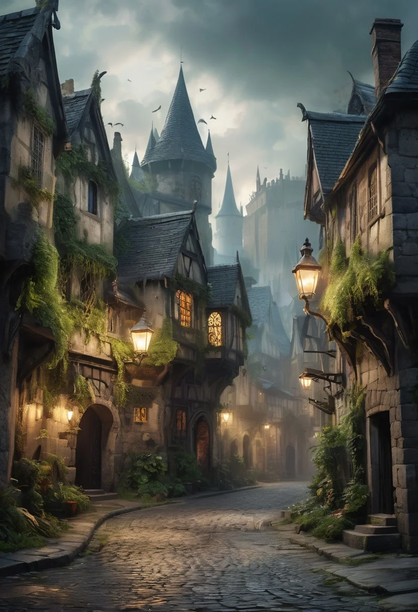 Monster with fangs invading a medieval fantasy village, in the middle of a street, distant shot, ultra realistic, photorealistic, highly detailed, cinematic lighting, vivid colors, detailed textures, atmospheric background, authentic medieval architecture, intricate monster anatomy, dramatic shadows, lifelike expressions, aged stone buildings, cobblestone streets, lush greenery, period-appropriate props, volumetric fog, dynamic action scene, monster as main character, surrounded by villagers, chaos in the street, focus on monster, vibrant environment, nuanced lighting, architectural intricacies, open sky, tension and drama
