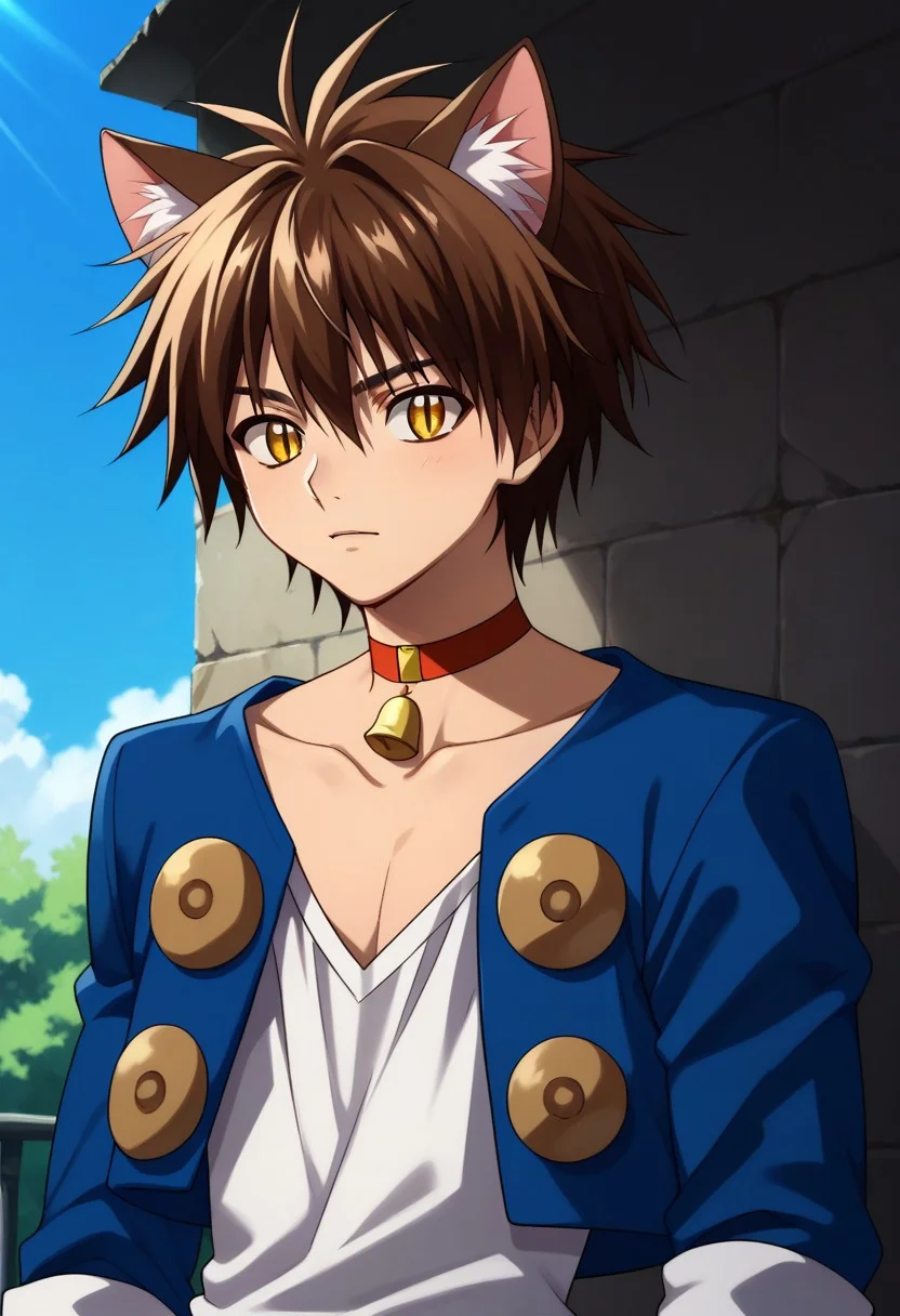 score_9, score_8_up, score_7_up, source_anime, highly detailed, 
TraiHea, 1boy, solo, brown hair, male focus, yellow eyes, choker, :3, bell, neck bell, jacket, blue jacket, rolled up sleeves, white shirt, upper body, animal ears, cat ears, slit pupils
outdoor, day,