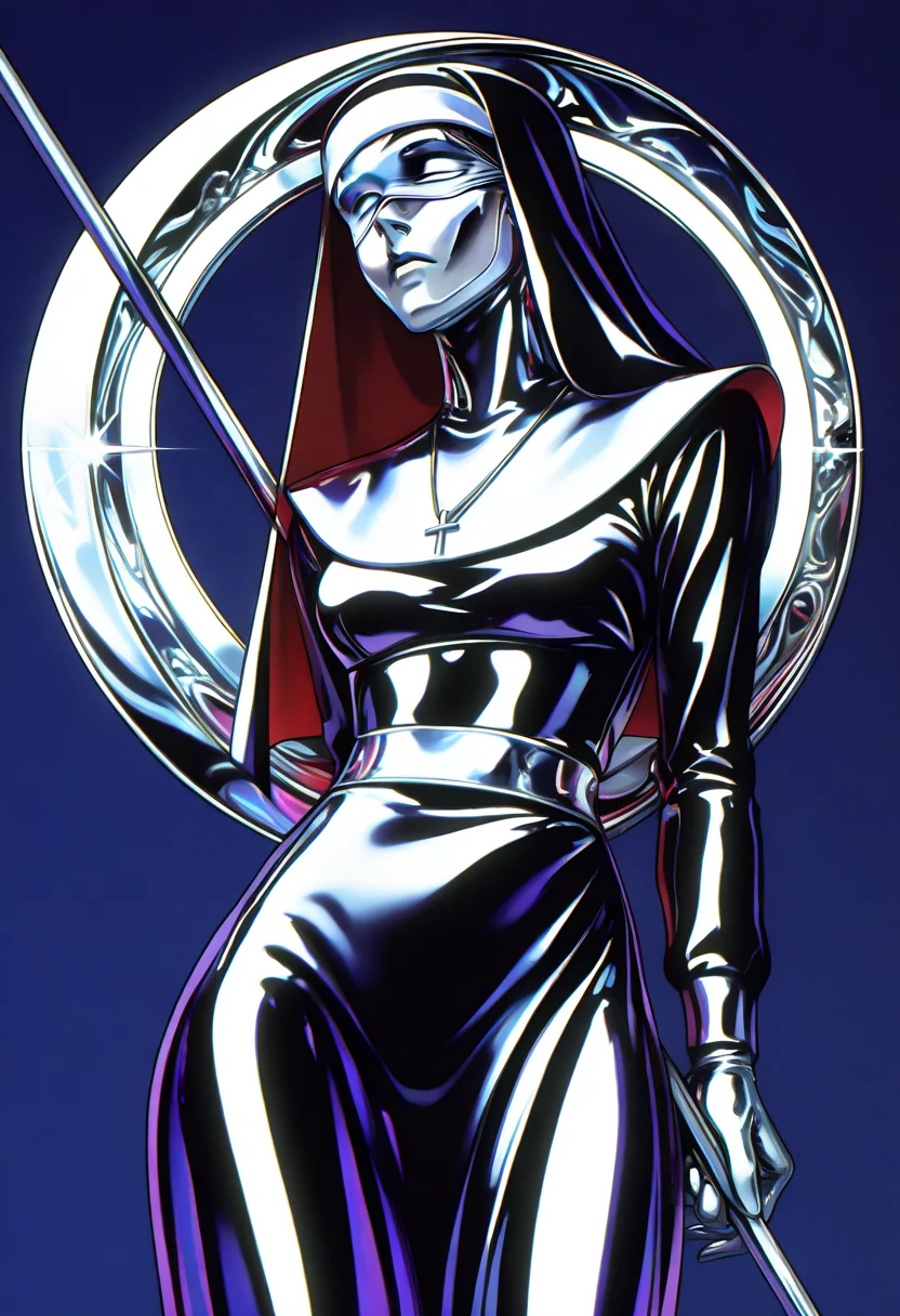 chromecore, simple background, dark and blue background, vibrant colors, colorful, metal skin, silver chrome skin, expressionless, serious, chromecore, bright, dark vibes, dark fantasy, armor, monochrome, colored skin, gradient,
1girl, adult, solo, nun clothing, iridescent dark nun clothing, blindfold, sparkling mirror sheen, glossy, polished, silver mirror-like skin, glass-like clothing with intricate, reflective surfaces, close-up portrait, front-facing, seated on a small low stool, holding a spear with elegant, sleek design, exaggerated glass landscape, reflective surfaces coated in translucent film, surreal and gleaming surroundings, crystal-like ground with prismatic reflections, translucent yet dark setting, glowing glass shapes in horizon, intricate texture detail, balanced exposure for high shine on fabric, increased contrast for enhanced glass effect, slight iridescent tint across the scene, vivid saturation, futurcouture, avant-garde illustration photography style, super_16mm_film style, cinematic composition. BREAK red background, <lora:ChromeNoob_byKonan:1>