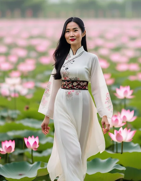 A full-body shot of a petite Vietnamese woman in a flowing ao dai, the traditional silk tunic and pants. Her straight black hair is left loose, and she walks gracefully through a field of lotus flowers, her expression serene and peaceful, embodying the beauty of her culture. <lora:usual-portrait-v2:1>