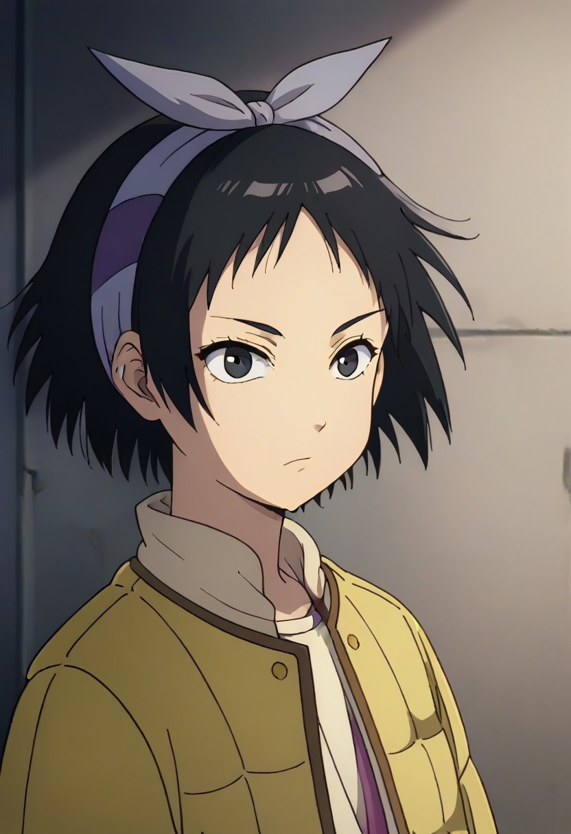 Totori, short hair, black hair, black eyes, yellow jacket, purple hairband, <lora:HeavenlyDelusion:1>,