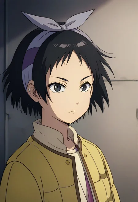 Totori, short hair, black hair, black eyes, yellow jacket, purple hairband, <lora:HeavenlyDelusion:1>,