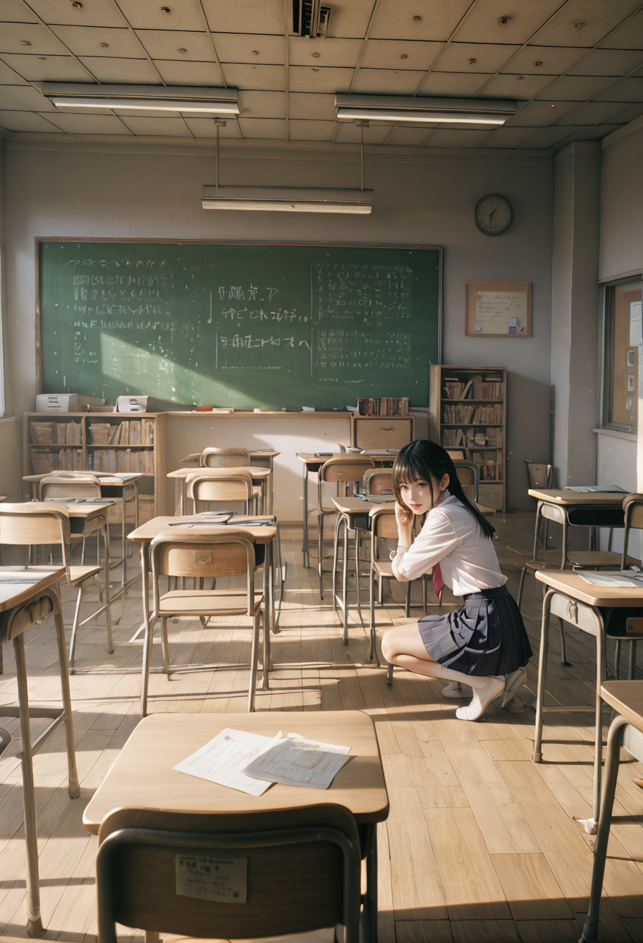 ,ruanyi1125,school,classroom,<lora:1125 Old Classroom_v1_pony:1>, score_9,score_8_up,score_7_up,,8k,1girl,solo,,