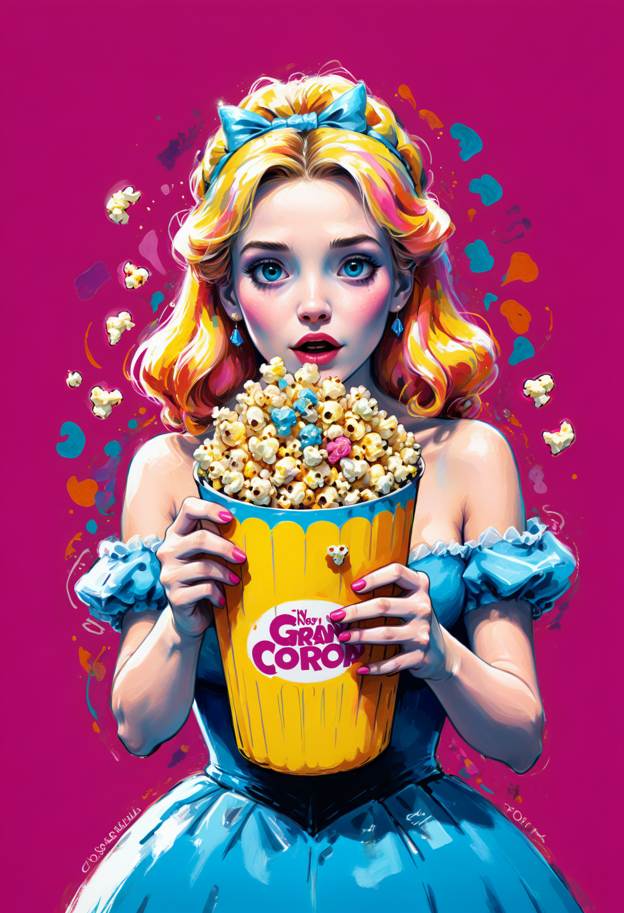 The hands of Cinderella holding popcorn in her hands, no face, very overwhelming , grand , zoom out, fantasy, Colorful Scribbles, Psychedelic Art, Colorpop <lora:add-detail-xl:1> <lora:xl_more_art-full_v1:1>