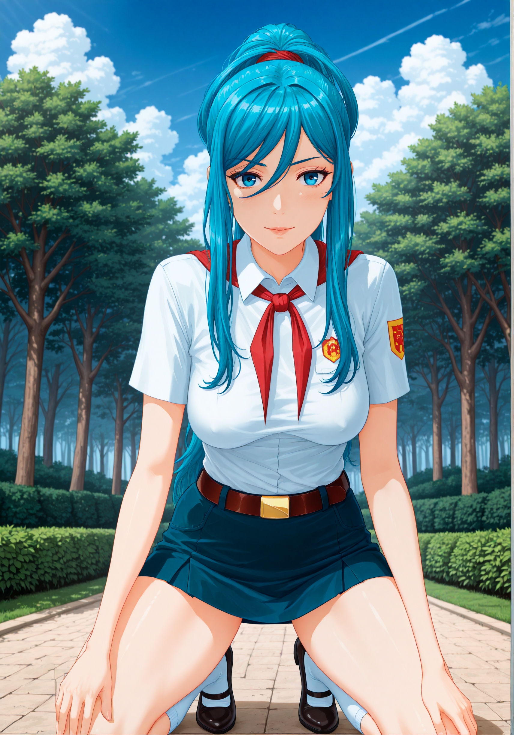 masterpiece, high_quality, highres, detailed_eyes, detailed, masterpiece, best quality, absurdres, 8k, HDR, face_focus, high quality, very_awa, newest, absurdres, highres, depth_of_field, realistic_skin, pinkretroanime, (retro art:0.7), Jeddtl02, p0nyd1sney1ncasev1x0n2, very aesthetic, detailed face, pioneer_uniform, el_pioneer_outfit, white_shirt_pioneer, short_sleeves, pioneer_badge, blue_short_pioneer, red_neckerchief, belt, white_socks, shoes, <lora:Takao_Aoki_illustrious:1>, aquamarine hair color, ponytail, blue eyes, (medium hanging breasts:1.2), elegant and dominant, mature, adult, sexy, medium breasts, looking at viewer, detailed beautiful eye, medium breasts, amazing background, clouds, nature, forest, ,  <lora:Everlasting_summer_pioneer_uniform:1>