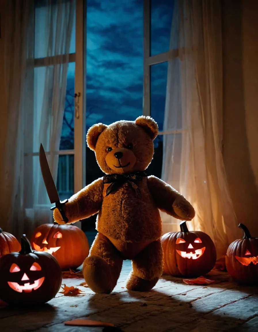 masterpiece, cinematic,perfect lighting, detailed, dynamic view, perfect composition,BREAK,
((A cute teddy bear running with a knife in his hand)), on the floor (in a bedroom), lifted curtains,(at night),smile,dead leaves flying through the (open window),wind,BREAK,
(Halloween decorations with pumpkins:1.3),horrific ambient,low light, view from the ground, low angle, detailed background, motion blur,BREAK