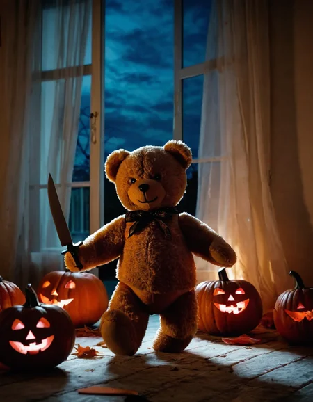 masterpiece, cinematic,perfect lighting, detailed, dynamic view, perfect composition,BREAK,
((A cute teddy bear running with a knife in his hand)), on  the floor (in a  bedroom), lifted curtains,(at night),smile,dead leaves flying through the (open window),wind,BREAK,
(Halloween decorations with pumpkins:1.3),horrific ambient,low light, view from the ground, low angle, detailed background, motion blur,BREAK