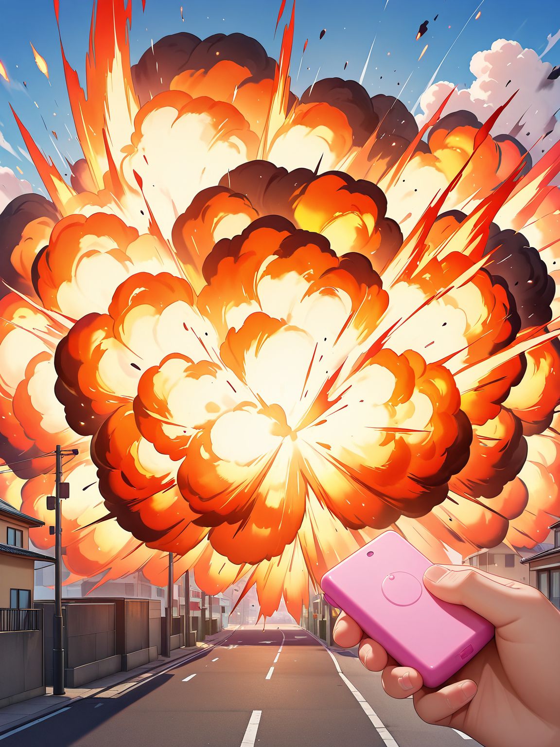 best quality,game cg,perfect hands,real world location,city,street,  BREAK
(huge realistic explosion:1.3), 
<lora:Remote_Vibrator:0.8>
Remote Vibrator,Remote_VibratorV1,holding 1 Remote Controller,  <lora:illexplosion_090:1>