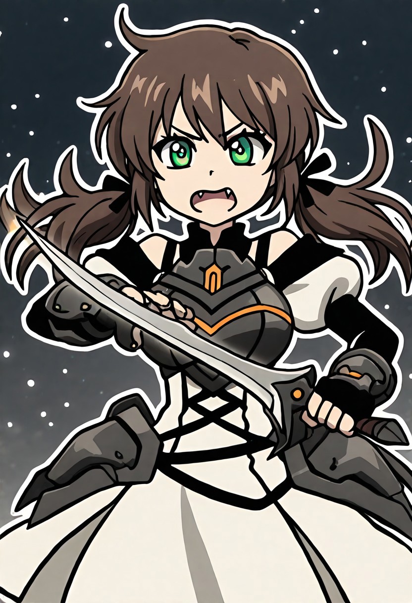 1girl, ashleygr, long hair, brown hair, ribbon, twintails, green eyes, hair ribbon, fang, solo, white dress, armor, black shoulder, puffy sleeves, black fingerless gloves, holding blade, glowing, light particles, outline, tall,