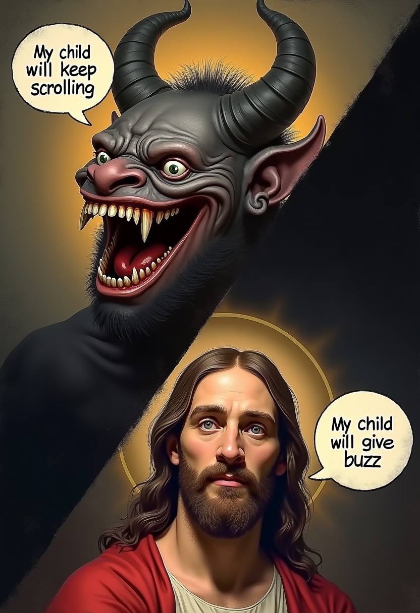 A two panel image split diagonally. On the top left panel there is a smiling face of a horrible horned demon with his mouth open. A speech bubble with letters spelling out "my child will keep scrolling". On the bottom right panel is the kind  face of Jesus, with a speech bubble with letters spelling out "My child will give buzz"
4k, masterpiece, make the text legible.