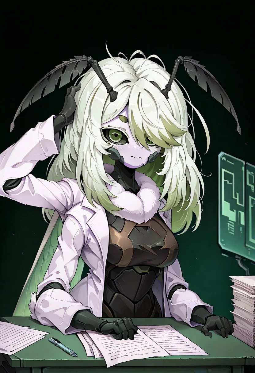 1girl, solo, juniperactias, monster girl, arthropod girl, moth girl, white skin, insect wings, extra arms, fewer digits, carapace, long hair, multicolored hair, white hair, green hair, hair over one eye, antennae, green eyes, black sclera, medium breasts, lab coat, messy hair, elbow on desk, scratching head, papers, portrait, science fiction, g4z3r1cc, looking at viewer