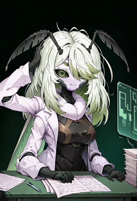 1girl, solo, juniperactias, monster girl, arthropod girl, moth girl, white skin, insect wings, extra arms, fewer digits, carapace, long hair, multicolored hair, white hair, green hair, hair over one eye, antennae, green eyes, black sclera, medium breasts, lab coat, messy hair, elbow on desk, scratching head, papers, portrait, science fiction, g4z3r1cc, looking at viewer