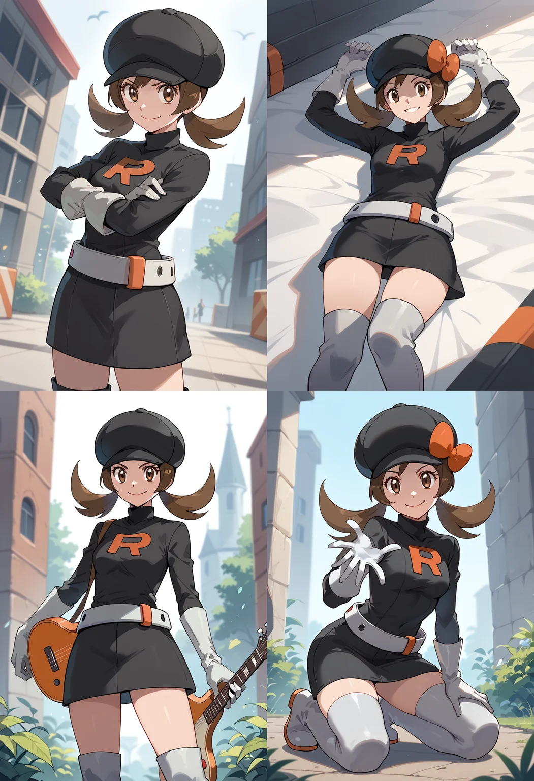 __femalePosesWildcard400_v10/female-poses__, evil smile, solo, 1girl, <lora:LyraPony-10:1> Lyra_TeamRocket, long hair, brown hair, twintails, brown eyes, hat, cabbie hat, black headwear, dress, black dress, short dress, belt, white belt, team rocket uniform, gloves, white gloves, boots, thigh boots, white footwear,, score_9, score_8_up, score_7_up, score_6_up, score_5_up, score_4_up,
