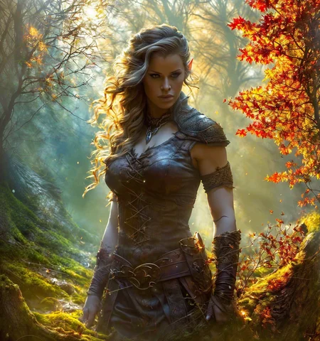 RAW photo, (masterpiece:1.3), subsurface scattering, heavy shadow, (high quality:1.4), (intricate, high detail:1.2), professional photography, HDR, High Dynamic Range, realistic, ultra realistic, photorealistic, high resolution, film photography, ambient lighting, atmospheric effects, <lora:detail_slider_v4:2>, OverallDetail, Jessa, <lora:Jessa:1>, as a female wildelf ranger, wild hair, dynamic pose, <lora:Wildelf:0.8>, auwo, DarkFantasy, in a clearing in a magical autumn woods, sunlight, godrays, <lora:AutumnWoods:0.7>, epiCPhoto <lora:cleavage:-1>