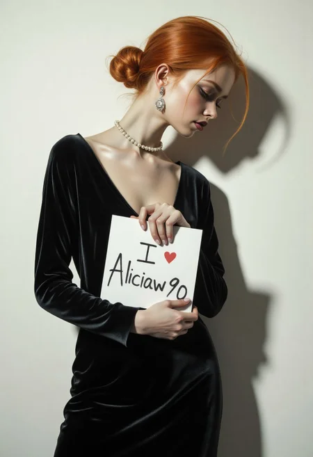 By Tom Nulens, A high-contrast fashion editorial portrait of an elegant 30yo redhead european woman standing against a stark white wall. She is wearing a form-fitting, short black velvet gown with long sleeves, creating a sleek silhouette. Her hair is styled in a classic, tight low bun with subtle shine, and she wears bold chandelier earrings and a pearl choker that adds a gothic sophistication. She gazes downward with a serene, introspective expression, casting a soft shadow on the wall behind her. She holds a white rectangular sign close to her chest that reads " I ♥ Aliciaw90" in a handwritten style, adding a personal and playful contrast to the otherwise high-fashion mood. The lighting is strong and directional, from the side, creating deep shadows and a dramatic edge while highlighting the soft sheen of her gown. The entire image exudes retro glamour and minimalist storytelling, perfect for an avant-garde fashion magazine spread.