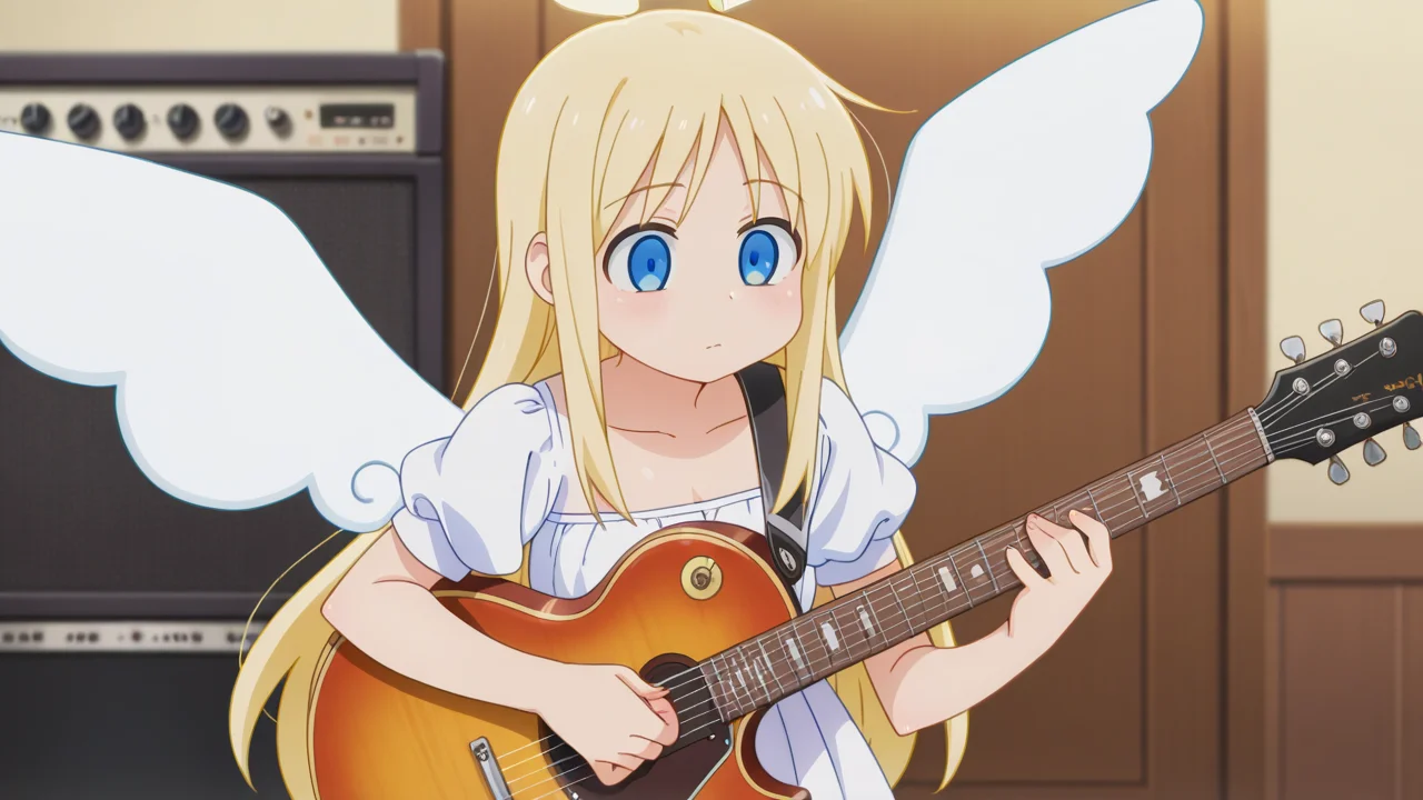 masterpiece, best quality, amazing quality, very aesthetic, absurdres, newest, anime screencap, <lora:crimvaelILM:1>, crimvael, androgynous, halo, broken halo, blonde hair, angel, long hair, blue eyes, angel wings, white wings, 1other, other focus, guitar, playing instrument, playing guitar,