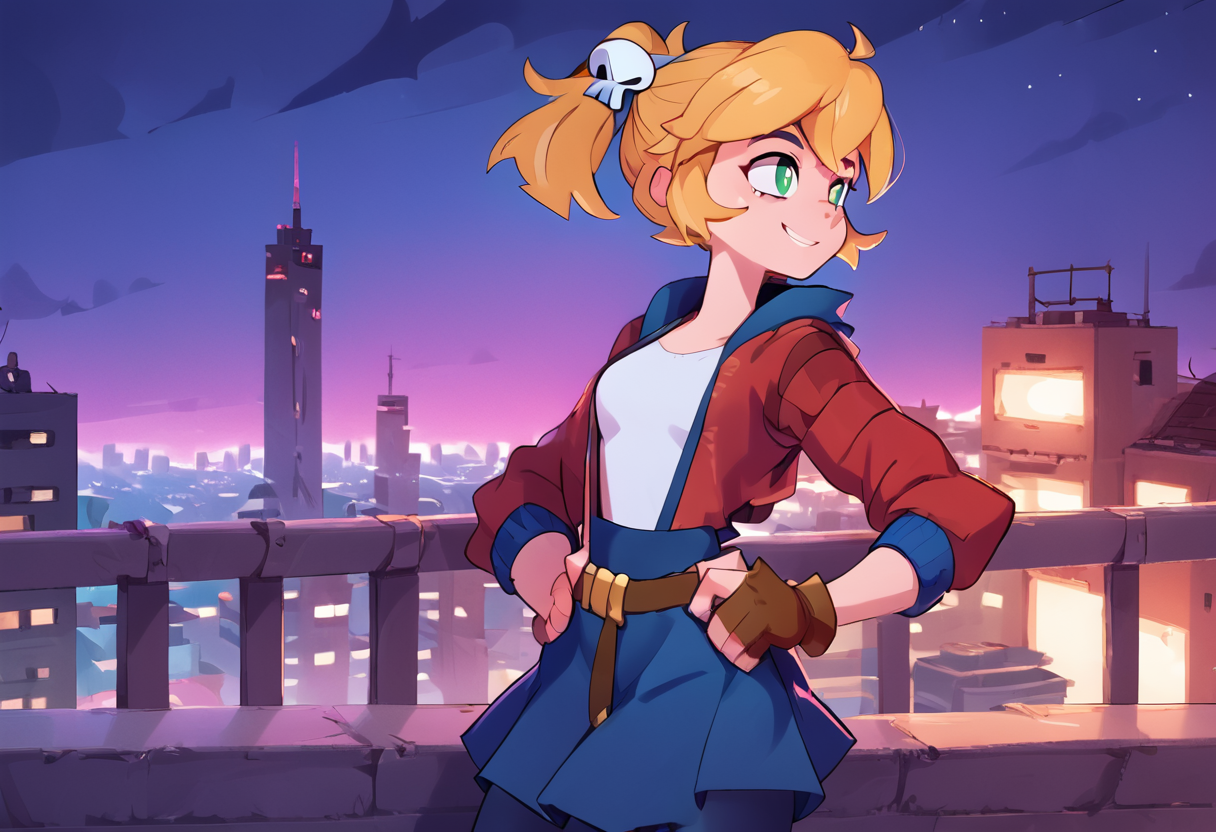score_9, score_8_up, score_7_up, score_6_up, source anime,nsfw, expressive, perfect face, detailed eyes, Cadence_Rift, solo, skirt, blonde hair, shirt, hair ornament (skull), gloves, green eyes, jacket, suspenders, ponytail, pantyhose, boots, open clothes, belt, hood, fingerless gloves, open jacket, blue skirt, brown footwear, red jacket, brown gloves, hand on hips, smile, standing on a roof, night-time, skyline background, <lora:OtherStyle_03:1> <lora:Cadence_Rift_XL-07:1>