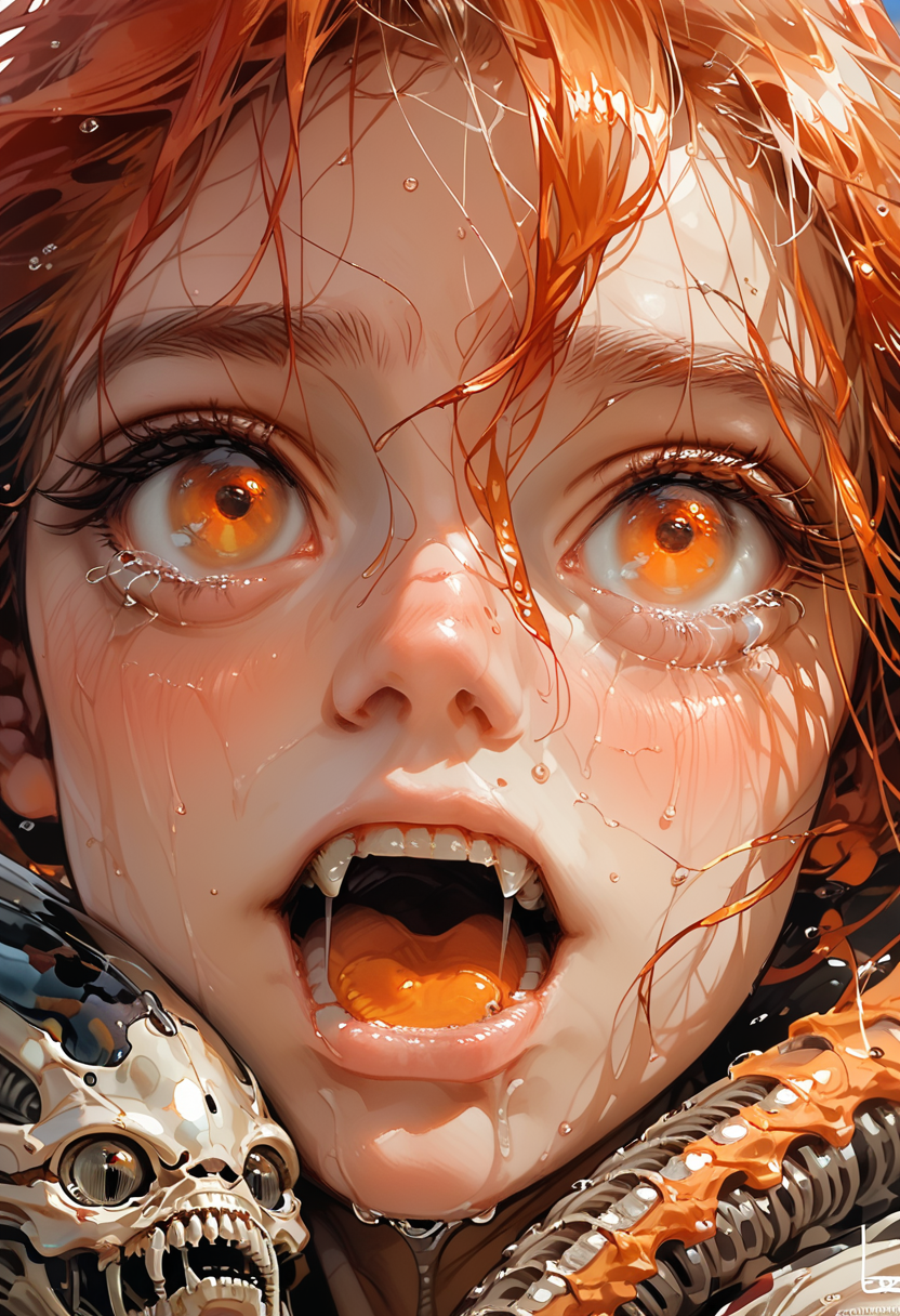 animalclose-up, girl and a xenomorph, girl has red hair and tears-orange eyes, mouth covered, wet, drooling,fangs, metallic luster,score_9,score_8_up,score_7_up, hyper-Detailed, photography, masterpiece, best Quality,realistic Details,film Grain,dof,