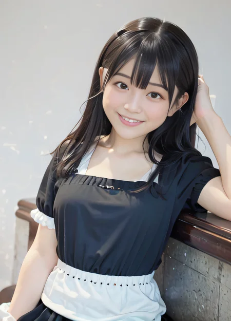 (SFW,8k, RAW photo, best quality, masterpiece:1.2),(realistic, photo-realistic:1.37)simple background, black hair,Abeyu-1300-2900, upper body,(((smiling,maid outfit))),facial close-up <hypernet:Abeyu-1300-2900:1>
