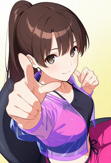 1girl,m3gum1kat0,brown hair, bangs, pupils,brown eyes,medium breasts, long hair, ponytail ,
soft smile , upper body, crop top, translucent fabric jacket, sitting on chair,pointing at viewer, looking at viewer,
colorful, screentones, from above, from side, dynamic angle, stylish pose, fashion pose, masterpiece, best quality, ultra-detailed, best illustration, ((detailed eyes))