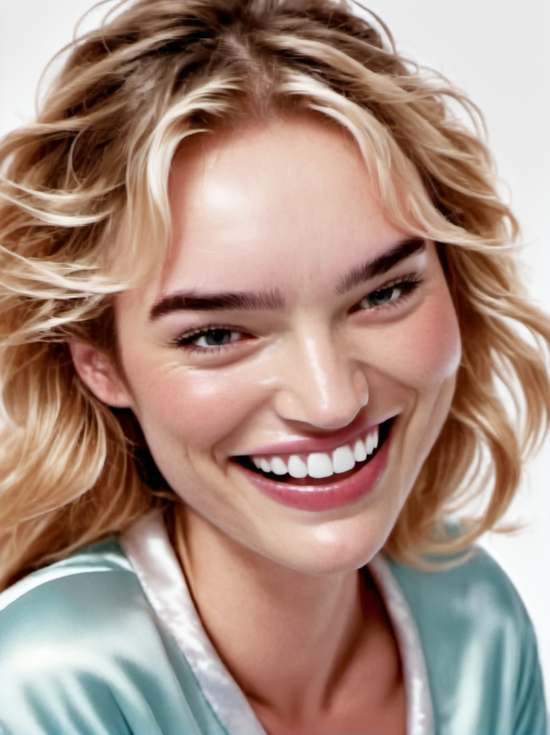 1girl, realistic, blond,
portrait, face closeup, smile, open mouth, mouth open, wearing satin pajamas, white background, looking at us,
 <lora:abbie-synth-xl-lora-1:1>