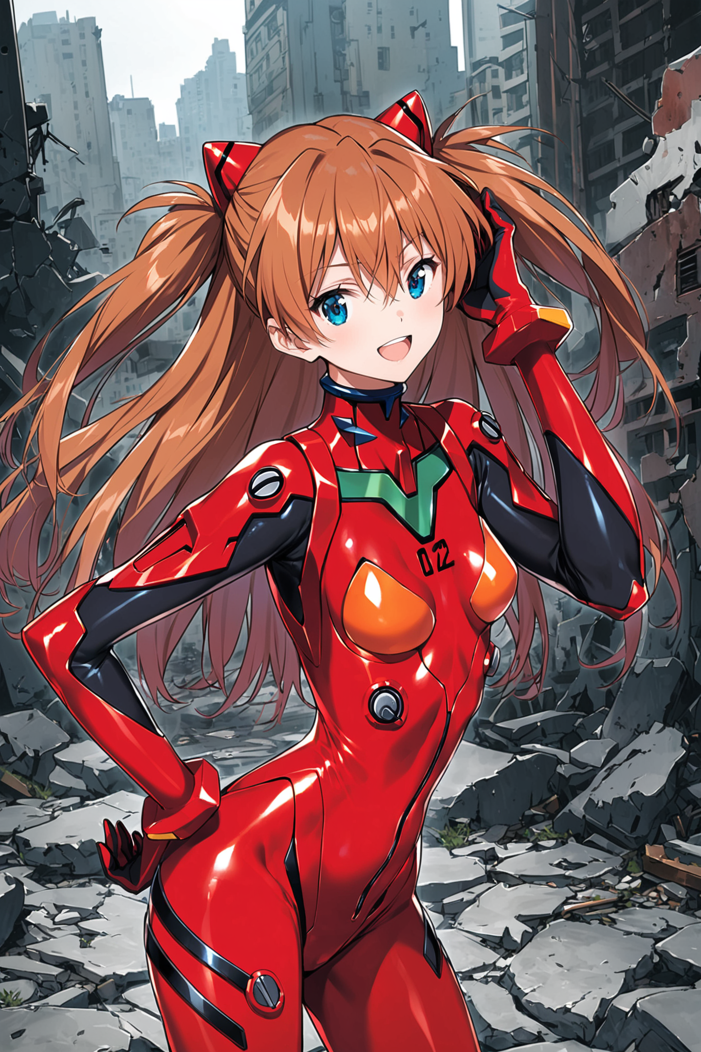 1girl,long hair,plugsuit,bodysuit,souryuu asuka langley,pilot suit,bracer,ruins,city,blue eyes,smile,breasts,bangs,turtleneck,solo,cowboy shot,:d,hair between eyes,gloves,(red bodysuit:1.5),small breasts,looking at viewer,headgear,two side up,hand on hip,skinny,adjusting hair,narrow waist,standing,brown hair,science fiction,hand up,shiny clothes,hair ornament,happy,from side,shiny,skin tight,<lora:saitom_XL:0.8>,