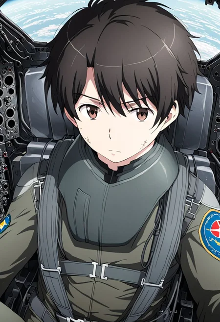 high resolution, solo, best quality, 1Boy, Inaho Kaizuka, Black hair, Brown Eyes, Pilot, Jet Fighter, Military, Military Uniform, military action, OverallDetail