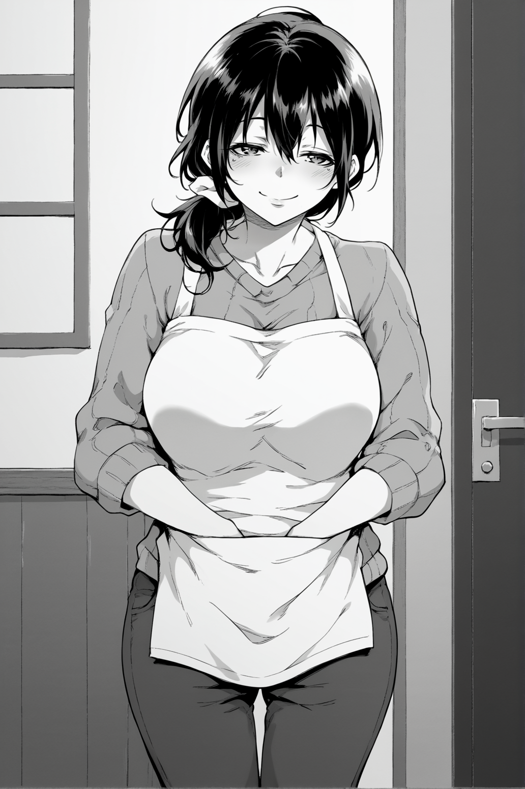 score_9, score_8_up, score_7_up, monochrome, manga_source, best background, detailed background, manga, grayscale  Amako, sweater, apron, horny, naughty face, solo, standing, indoors,  <lora:JN_Amako:0.8>