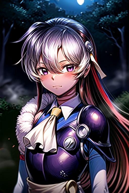 best quality 1girl Setsun4 solo long hair,  (night time) forest background black hair very long hair purple eyes multicolored hair armor, small, (fur trim) (medium body),<lora:EMS-179-EMS:0.800000>,<lora:EMS-293862-EMS:0.800000> bow, hair_bow, hair_tubes, red_bow, brown_hair, long_hair, bangs, ascot, frilled_bow, yellow_ascot, blush, smile, hair_between_eyes, athletic, armor, miko, strengthmda,  Smiling, happy, (helmet), M43 field cap