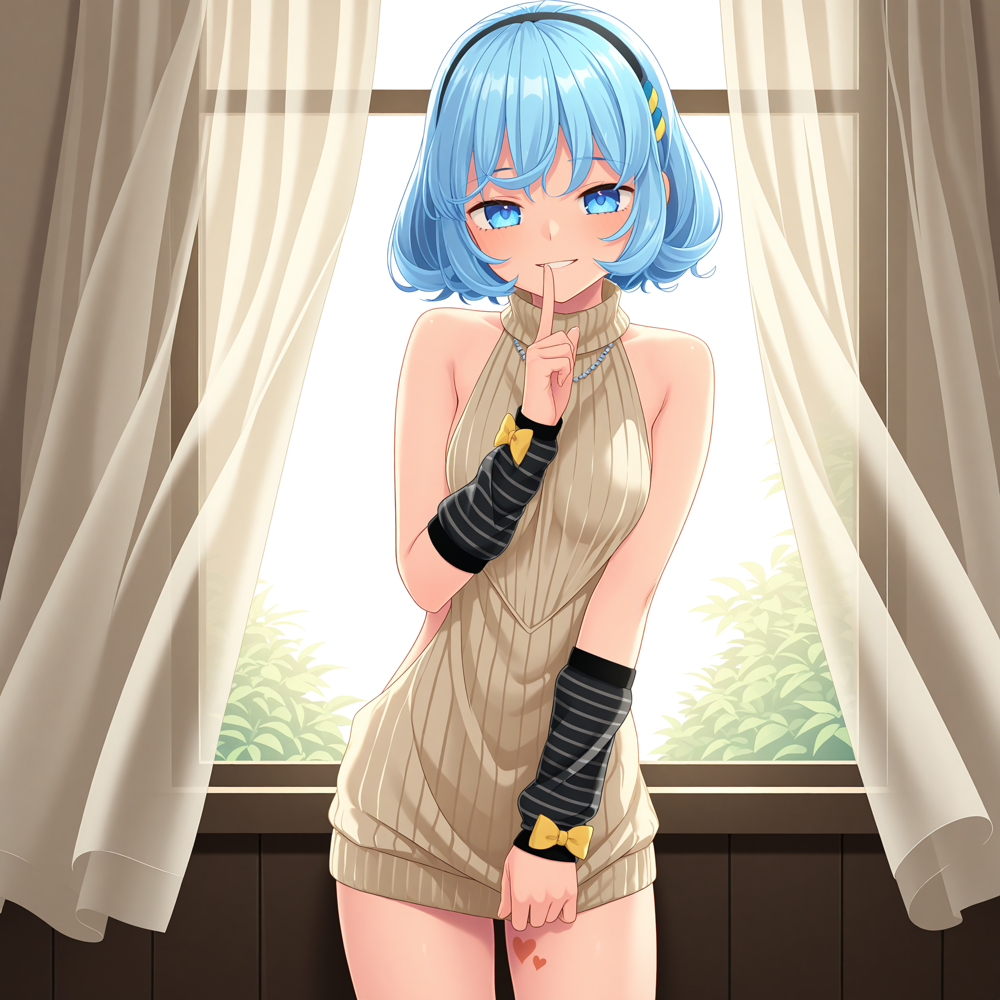 <lora:Onabuta_Ikuko_1_nai-000027:1>,Onabuta Ikuko,black hairband,hair ornament,heart tattoo,
necklace,jewelry,arm warmers,wrist bow,yellow bow,ribbed sweater,virgin killer sweater,turtleneck sweater,sleeveless sweater,vertical-striped sweater,
BREAK
1girl,solo,smile,window,standing,curtains,curtain grab,looking at viewer,front view,cowboy_shot,finger to mouth,see-through curtains,