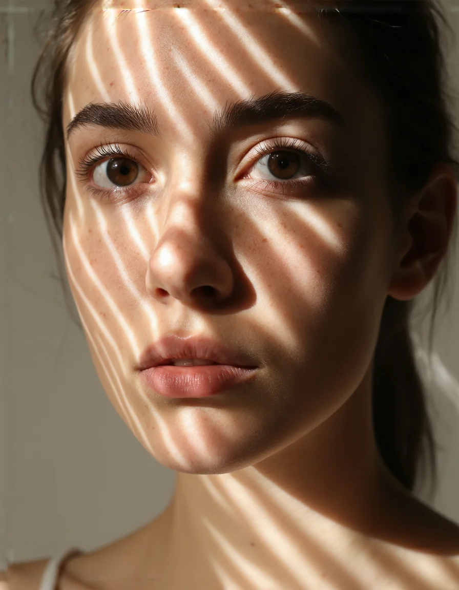 A captivating portrait of a person, their face bathed in a mesmerizing patterned light, creating speckled shadows that add depth to the image, The subject's captivating gaze draws the viewer into the photograph, while the contrast of light and texture adds a sense of intrigue, The artistic interplay between the light and the subject's features creates sharp luminous streaks that lead the eye through the image, The detailed iris of the subject's eyes and the highlighted facial contours contribute to the intimate portraiture style of the photograph, Taken with a Sony α7R IV camera at a shutter speed of 1/320s, an aperture of f/2,8, and an ISO setting of 400, this RAW file format image showcases the visual rhythm and intrinsic contrast within the scene, The enigmatic expression on the subject's face adds an air of mystery, making the image truly memorable,