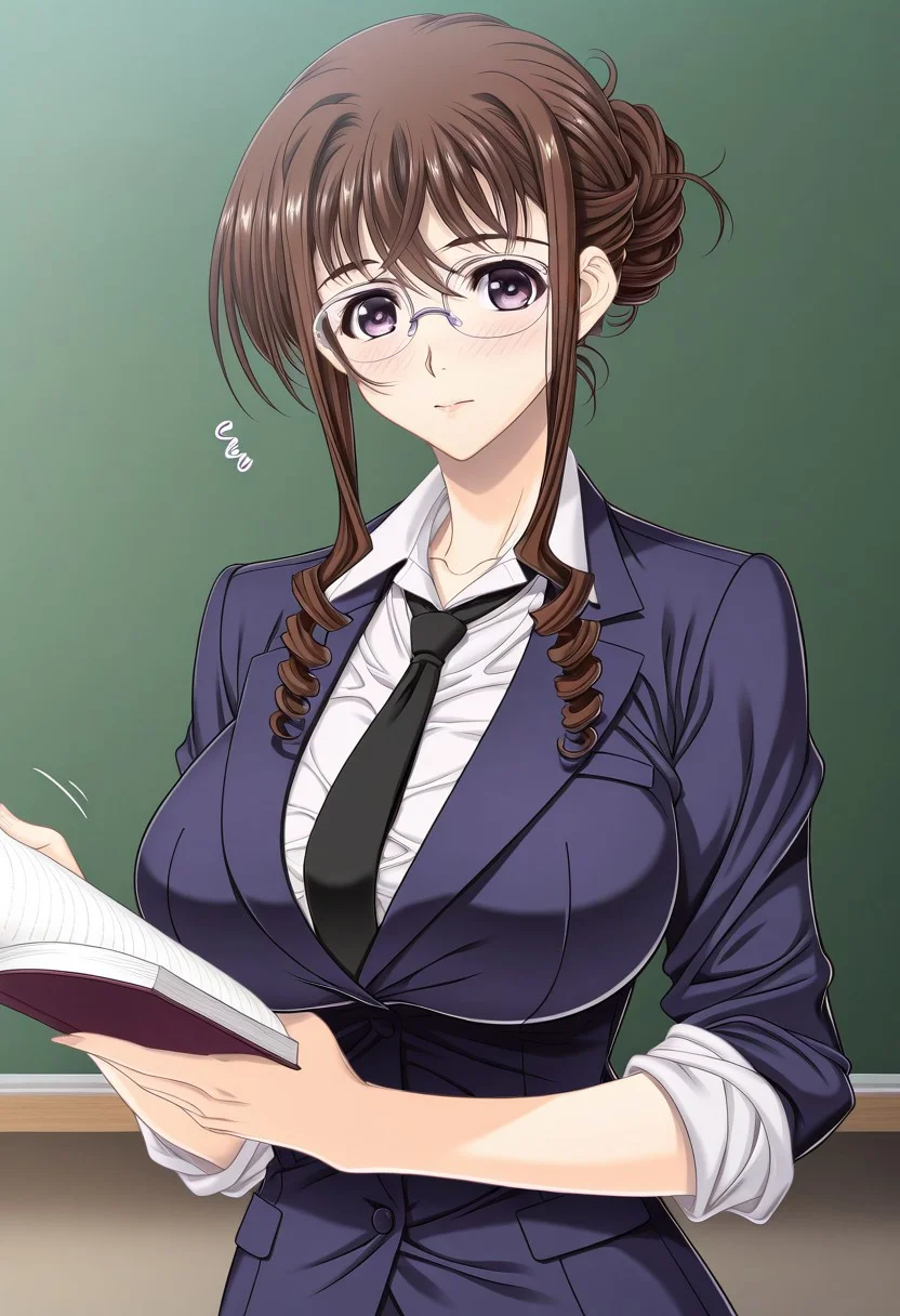 masterpiece, best quality, newest, highres, uncensored, 1girl, yokota mamoru style,1girl, slender face,motion lines,blush
Onda Honoka,Brown Hair, Long Hair, Ringlet Hair, Wavy Hair,Big Breasts,Slim
1girl,solo
1girl,front view, looking at viewer, standing, upper body, holding a book, bangs, white shirt, teacher, shirt, blue jacket, glasses, single hair bun, necktie, rolled up sleeves, masterpiece, 8k, intricate details, ultra detailed, hyper detailed, ultra detailed hair, ultra detailed face, ultra detailed hair, ultra detailed body