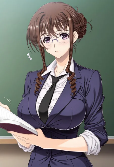 masterpiece, best quality, newest, highres, uncensored, 1girl, yokota mamoru style,1girl, slender face,motion lines,blush
Onda Honoka,Brown Hair, Long Hair, Ringlet Hair, Wavy Hair,Big Breasts,Slim
1girl,solo
1girl,front view, looking at viewer, standing, upper body, holding a book, bangs, white shirt, teacher, shirt, blue jacket, glasses, single hair bun, necktie, rolled up sleeves, masterpiece, 8k, intricate details, ultra detailed, hyper detailed, ultra detailed hair, ultra detailed face, ultra detailed hair, ultra detailed body