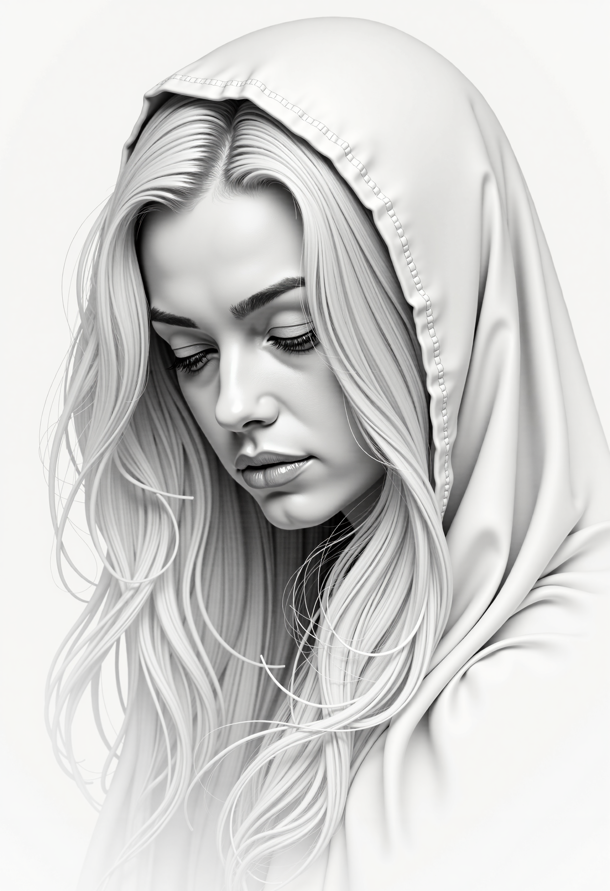 A close-up portrait in monochrome pencil and charcoal drawing of a woman with an almost ethereal beauty. She gazes thoughtfully with her head slightly bowed at the ground.

The composition uses soft and smooth transitions in white and gray tones achieved with pastel chalks.

Her face is narrow, with half-closed eyes, beautiful eyebrows, and eyelids drawn slightly darker. She has a straight nose and well-formed lips. Her long, flowing white hair cascades down her shoulders in soft waves. She is wearing a flowing, white cloak that drapes elegantly around her, partially covering her hair. 

This transition between her hair and the cloak is painted with blurry, smooth, flowing lines. 
The drawing captures a serene and calming atmosphere, emphasizing the delicate and realistic details.