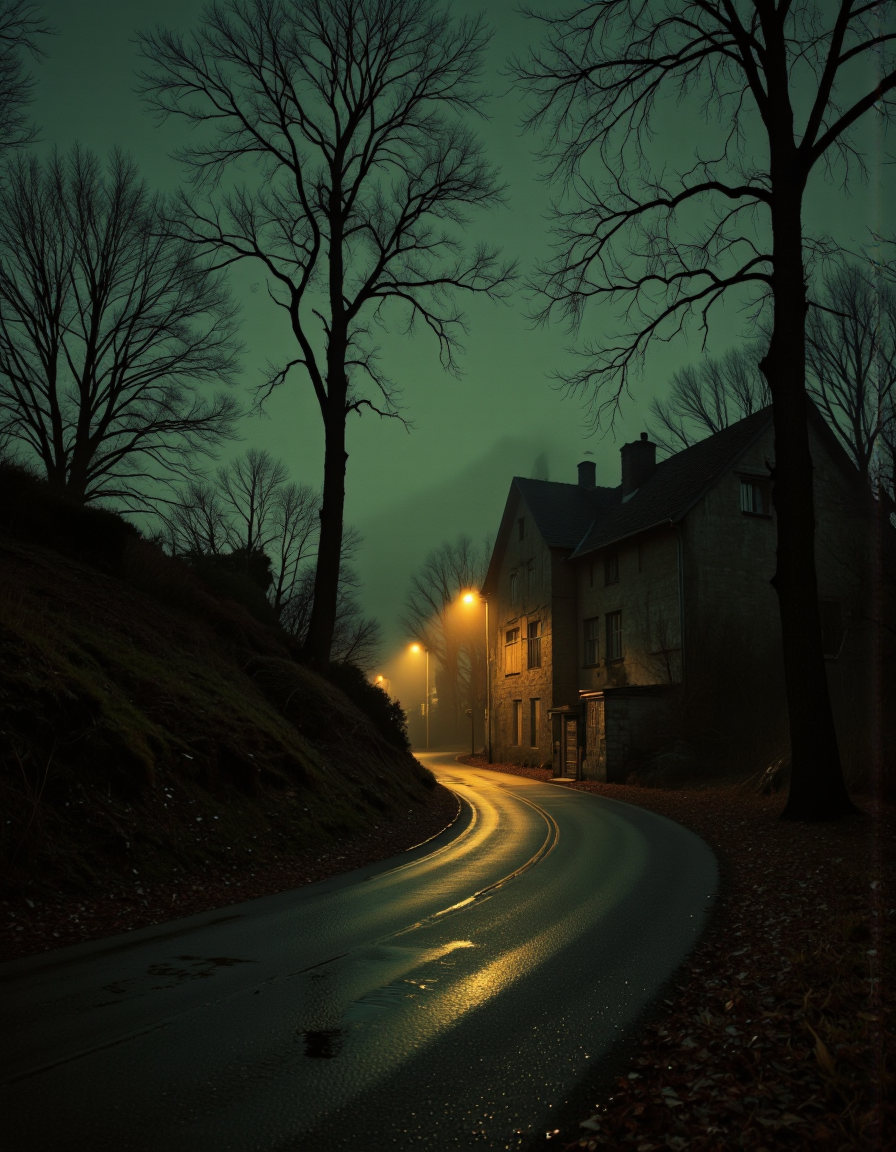 A photograph capturing a misty, atmospheric street scene at night. The image is dominated by a narrow, winding road that curves gently to the right, disappearing into the fog. The road is wet, with a glistening texture suggesting recent rainfall. On the left side of the road, a tall, leafless tree stands bare against the dark, foggy sky. To the right, another tree, also leafless, is visible. The background features an old, dilapidated building with a pitched roof and multiple chimneys, partially obscured by the fog. The building's walls are rough and weathered, indicative of age. 
The streetlights on either side of the road emit a warm, yellowish-orange glow, contrasting sharply with the cool, muted tones of the fog and the dark, almost black, shadows. The lights cast long, soft shadows on the ground, enhancing the eerie, almost ghostly atmosphere. The overall color palette is dominated by greens, greys, and blacks, with occasional bursts of warm yellow from the streetlights. The image exudes a sense of solitude and melancholy, with a hint of mystery and the passage of time.
loose brushwork, vibrant color, light and shadow play, captures feeling over form.